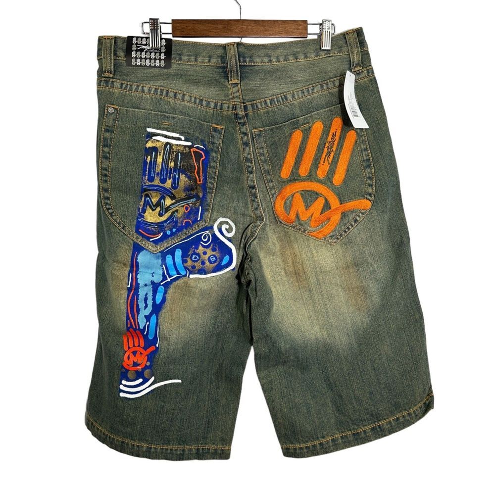 MISKEEN Vintage Mid Blue Orange Tint Hand Painted Embroidered Denim Shorts NWT36
